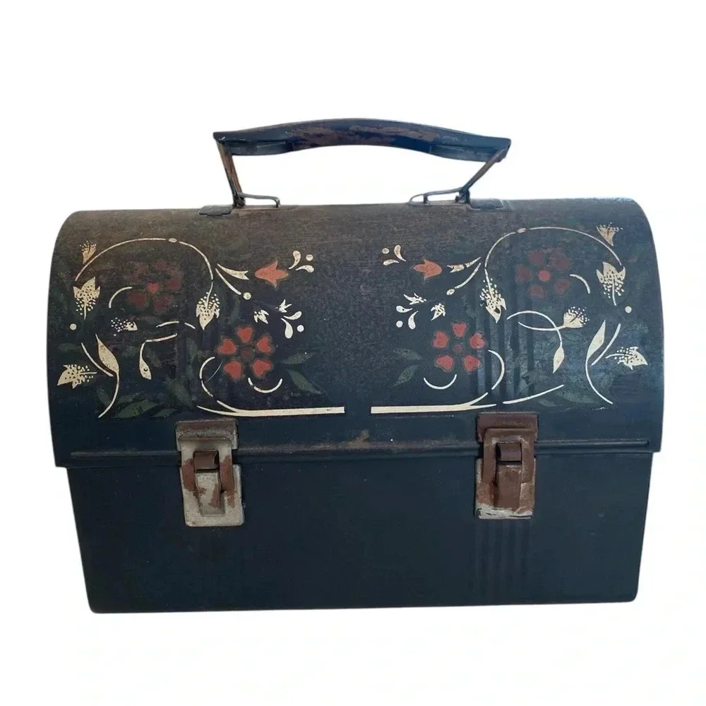 Antique Painted Metal 1950s Lunchbox Black No Thermos American Vintage Made USA